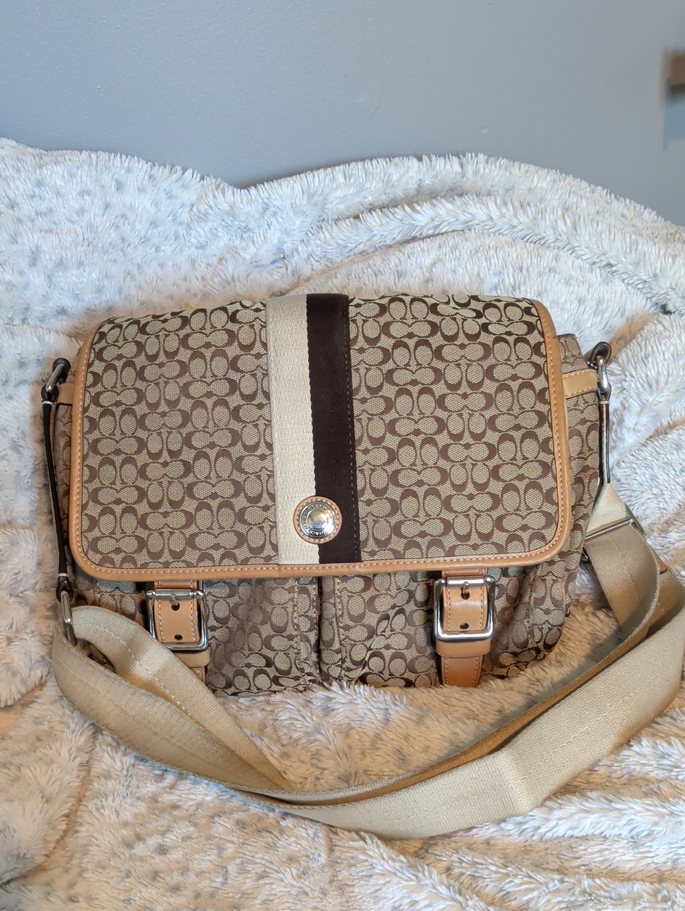 Coach Signature Canvas Messenger Bag in Beige and Brown with Cream Stripe